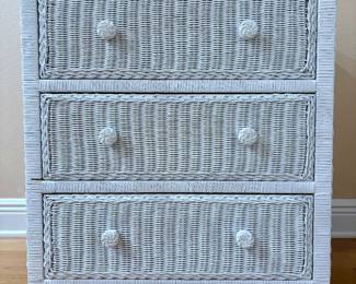 White wicker 3-drawer nightstand or accent table. Measurements: W - 28" / D - 16.5" / H - 28.75"