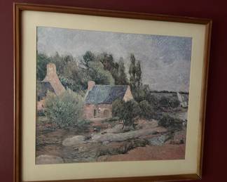 Lot 21: Framed Landscape Painting by Paul Gaugin of Cottages by a Stream