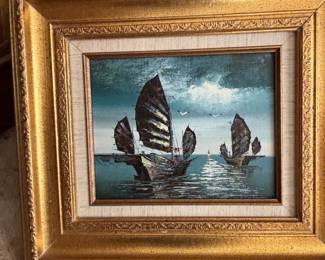Vintage Mid-Century Junk Boat Oil Painting