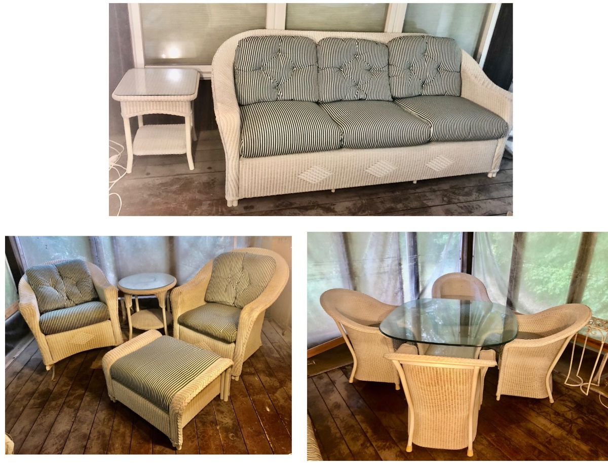 *Authentic Lloyd Loom High End All-Weather White Wicker Furniture 11 Piece Set. Reflections Collection made by Lloyd Flanders in Menominee, Michigan. Featuring Serial Number 1126369 #9056 All Custom Cushions. 11 Pieces of Furniture (Plus Custom Cushions Valued at $555 themselves). The pieces need a good cleaning but are in Great Shape (Never Been Outside) Pieces have a Distinct Rolled, High-Back Frame Woven w/ Dense Wicker. Custom Order Stripe Upholstery Cushions are Included (if wanted). All 11 Pieces for $1800