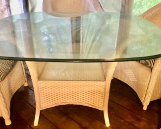 *Authentic Lloyd Loom High End All-Weather White Wicker Furniture 11 Piece Set. Reflections Collection made by Lloyd Flanders in Menominee, Michigan. Featuring Serial Number 1126369 #9056 All Custom Cushions. 11 Pieces of Furniture (Plus Custom Cushions Valued at $555 themselves). The pieces need a good cleaning but are in Great Shape (Never Been Outside) Pieces have a Distinct Rolled, High-Back Frame Woven w/ Dense Wicker. Custom Order Stripe Upholstery Cushions are Included (if wanted). All 11 Pieces for $1800