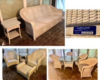 *Authentic Lloyd Loom High End All-Weather White Wicker Furniture 11 Piece Set. Reflections Collection made by Lloyd Flanders in Menominee, Michigan. Featuring Serial Number 1126369 #9056 All Custom Cushions. 11 Pieces of Furniture (Plus Custom Cushions Valued at $555 themselves). The pieces need a good cleaning but are in Great Shape (Never Been Outside) Pieces have a Distinct Rolled, High-Back Frame Woven w/ Dense Wicker. Custom Order Stripe Upholstery Cushions are Included (if wanted). All 11 Pieces for $1800