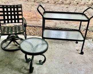 The Brown Light Weight Aluminum Wheeled Bar Cart is 42.5 inches Long X 18.25 inches Deep X 35.5 inches Tall $85 The Brown Light Weight Aluminum Swivel Chair $35 The Small Brown Light Weight Aluminum Side Table $20