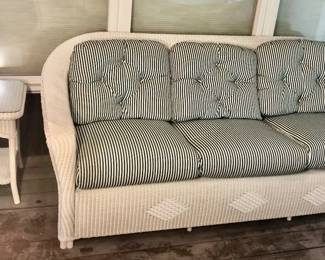 *Authentic Lloyd Loom High End All-Weather White Wicker Furniture 11 Piece Set. Reflections Collection made by Lloyd Flanders in Menominee, Michigan. Featuring Serial Number 1126369 #9056 All Custom Cushions. 11 Pieces of Furniture (Plus Custom Cushions Valued at $555 themselves). The pieces need a good cleaning but are in Great Shape (Never Been Outside) Pieces have a Distinct Rolled, High-Back Frame Woven w/ Dense Wicker. Custom Order Stripe Upholstery Cushions are Included (if wanted). All 11 Pieces for $1800