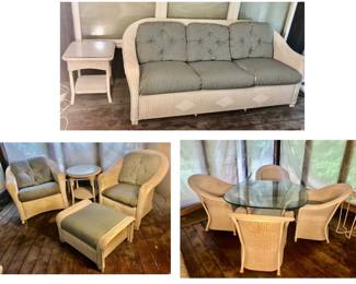 *Authentic Lloyd Loom High End All-Weather White Wicker Furniture 11 Piece Set. Reflections Collection made by Lloyd Flanders in Menominee, Michigan. Featuring Serial Number 1126369 #9056 All Custom Cushions. 11 Pieces of Furniture (Plus Custom Cushions Valued at $555 themselves). The pieces need a good cleaning but are in Great Shape (Never Been Outside) Pieces have a Distinct Rolled, High-Back Frame Woven w/ Dense Wicker. Custom Order Stripe Upholstery Cushions are Included (if wanted). All 11 Pieces for $1800
