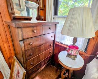 Chest of drawers with attached mirror/ one of two marble top side tables