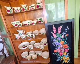 Watt Pottery collection and needlepoint fire screen