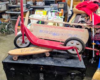 Sled, scooter,and wooden skateboard