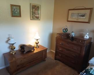 Lane cedar chest and antique dresser, with lamps