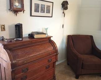 Antique desk, clocks and chair