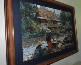 Riverside market, oil painting.