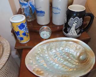 Decorative faux shell dish, Steins and aperweight.