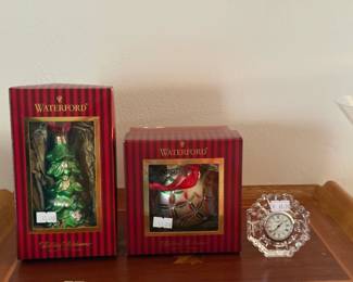 Waterford Christmas ornaments and crystal clock