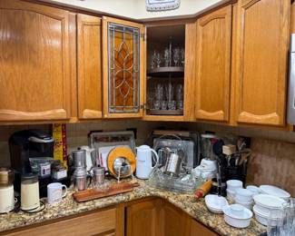 Keurig, chopper, coffee grinder, bake ware, Gevalia carafe, Pyrex casserole dishes, blender, rolling pin, utensils
