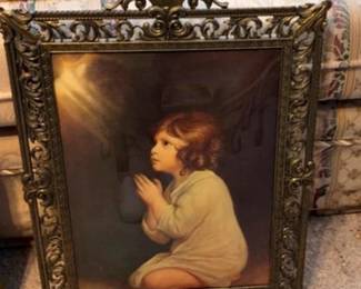 Lot 121: Italian Framed Praying Child Print in Gold Toned Metal Frame
