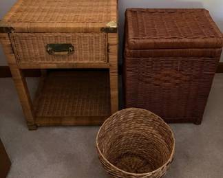 Vintage Wicker Nightstand Laundry Basket And Waste Basket