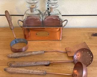 Vintage Hammered Copper Utensils And De La Cuisine Copper Cady and Glass Decanters