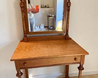 Vintage Wood Vanity Table with Mirror