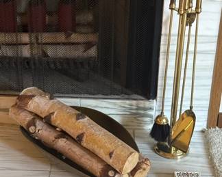 Fireplace Tool Set Brass Log Holder And Metal Wilton Matchbox Holder
