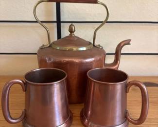 Copper And Brass Accented Tea Kettle And Mugs