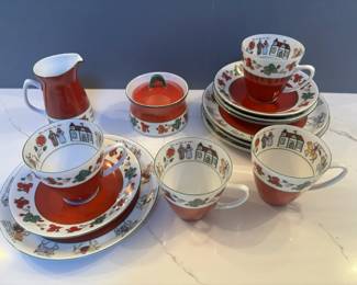 Porsgrund Wedding Procession Tea Set with Dessert Plates Creamer and Sugar Bowl