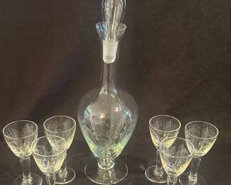 Vintage Etched Glass Decanter With Glasses