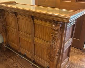 Vintage Oak Bar With Carved Lions and Brass Top