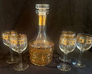 Vintage Culver Valencia Gold Filigree Decanter and Wine Glasses