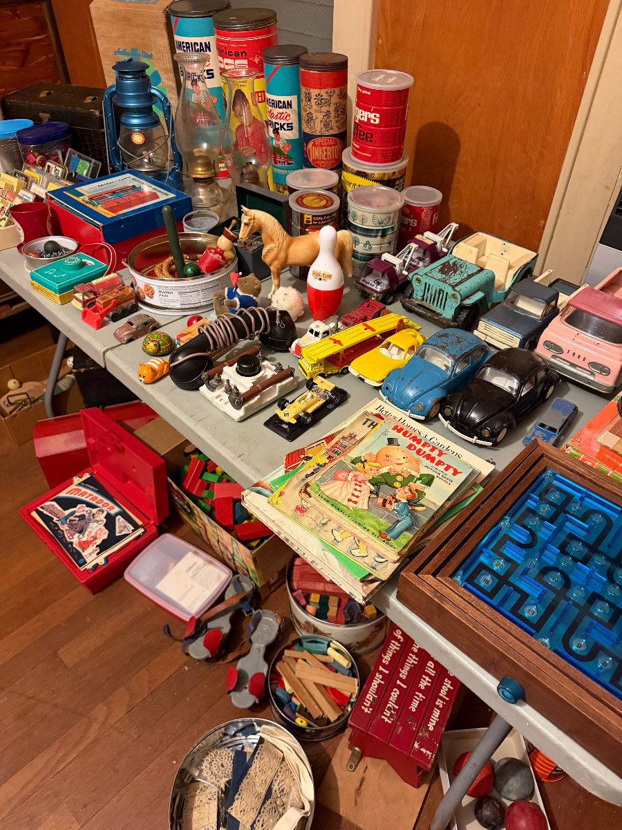 Vintage toys, cars trucks, director said games, books, red light, hot, wheels, etc. still unpacking crates