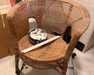 Vintage wicker chair and Vintage porcelain bathroom accessories
