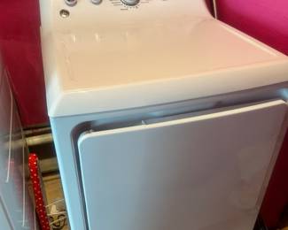 White clothes dryer with front door.
