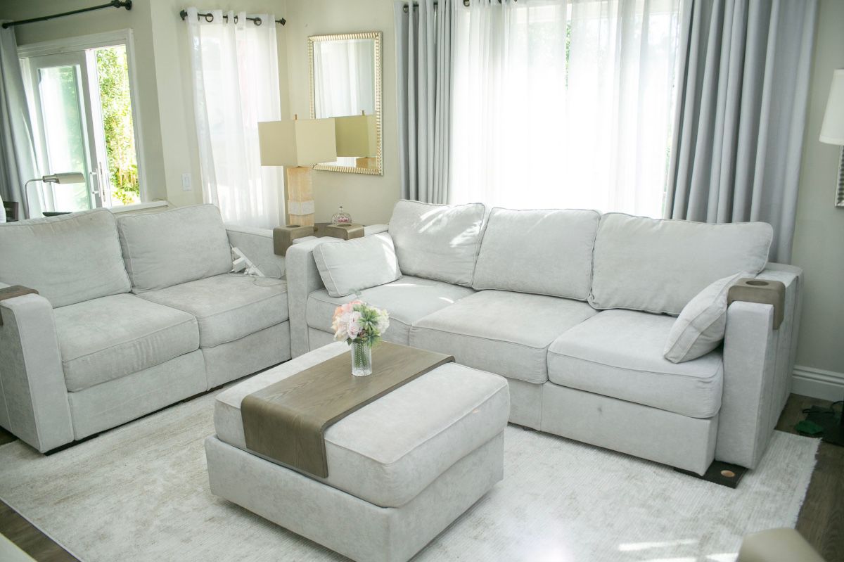 Lovesac Standard fill 5 seats , one recliner seat, 8 sides (arm and back pieces) sky grey corded velvet fabric covers. $2500