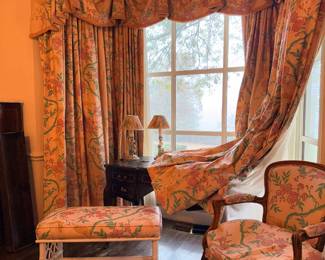 Three Sets of Custom Braquenié / Pierre Frey “Papillon” Floral Draperies with Swag Valances (Furniture sold separately)