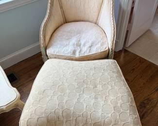 French Louis XV–Style Painted Upholstered OttomanFrench Louis XV–Style Painted Upholstered Ottoman