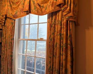 Three Sets of Custom Braquenié / Pierre Frey “Papillon” Floral Draperies with Swag Valances