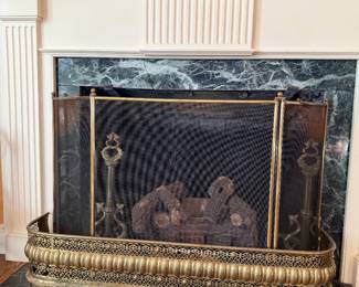 Decorative Brass Fireplace Fender and Three-Panel Firescreen