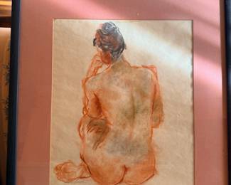 Framed Female Nude Figure Study — Signed Drawing