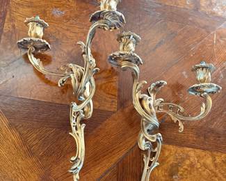 Pair of French Louis XV–Style Gilt Metal Three-Light Wall Sconces