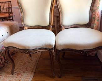 Pair of French Louis XV–style upholstered side chairs, sometimes called French Rococo revival dining or occasional chairs