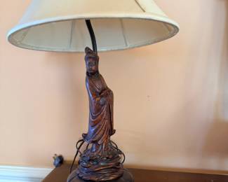 Asian Carved Wood Figural Table Lamp with Bell Shade