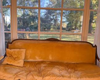 Antique-Style Sofa and Brass Tray Coffee Table -- Carved Wood Sofa with Gold Velvet Upholstery and Large Brass Tray Coffee Table with Faux-Bamboo Base