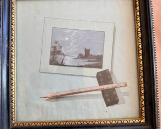Framed Mixed-Media Decorative Assemblage Featuring Coastal Landscape, Chinese Calligraphy Brush and Ink Block, Black-and-Gold Frame