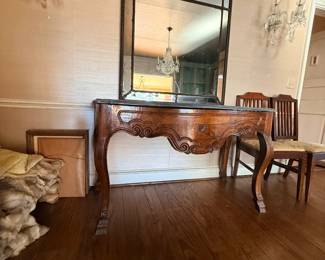 Antique French Louis XV–Style Console Table and Large Architectural Paneled Mirror