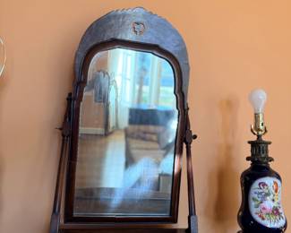 Antique Tabletop Dressing Mirror with Drop-Front Secretary Compartmentand Cobalt blue floral porcelain table lamp