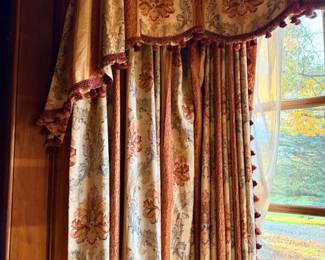 Custom Designer Floral Draperies with Elaborate Upholstered Cornice and Tassel Trim