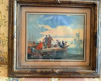 Framed European Harbor Scene