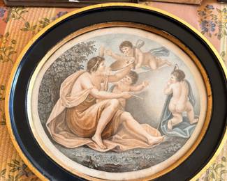 Antique Oval Hand-Colored Classical Engraving