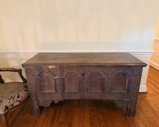 Antique Carved Oak Coffer (Blanket Chest) from 1700s