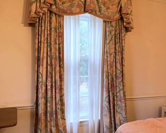 Three Sets of Custom Braquenié / Pierre Frey “Papillon” Floral Draperies with Swag Valances
