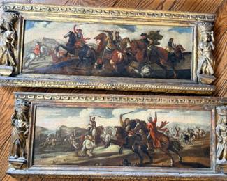 air of Antique European Equestrian Battle Paintings in Ornate Gilt Frames